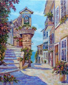 a painting of an alleyway with flowers and stairs leading up to the water's edge