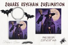 a keychain with an image of a witch holding a broom and a crow on it