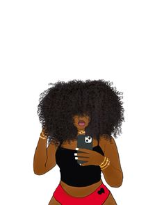 a woman with an afro holding a cell phone