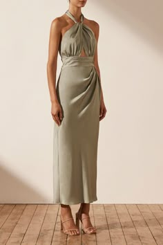 Luxe Gathered Halter Midi Dress | Eucalyptus | Dresses | Shona Joy – Shona Joy International Formal Dress Coverup Winter, Bridesmaid Dresses Summer 2023, Chic Midi Halter Dress With Gathered Neckline, Fitted Midi Dress With Gathered Halter Neckline, Summer Pre-draped Midi Dress With Fitted Bodice, Silk Ruched Halter Neck Maxi Dress, Silk Halter Neck Maxi Dress With Ruched Detail, Silk Maxi Dress With Ruched Halter Neck, Silk Ruched Halter Neck Dress