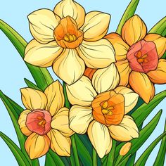 a bunch of yellow and red flowers with green leaves on a light blue sky background