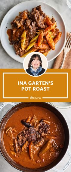 the cover of ina garten's pot roast is shown on a plate