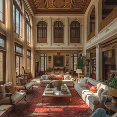 a large living room with high ceilings and lots of windows