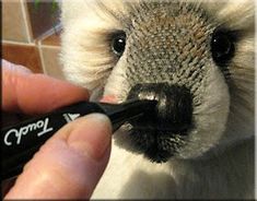 a close up of a person holding a pen to a small animal's face