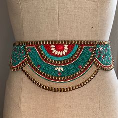 This Beaded Waist Belt Is Brand New With Tags And Never Worn! The Belt Features Impeccable Beating That Is Blue And Red In Color With Gold Accents. The Way You Spell Itself Has Two Adjustable Options. My Waist Fluctuates Between 26 And 28 Inches And This Belt It’s Fine On The Tightest Option. Beaded Leather Belts Native American, Fabric Belt Design, Waist Beads Ideas, Beaded Waist Belt, Beaded Belts Patterns, Textiles Ideas, Bead Belt, Beaded Belts, Cowgirl Vibes