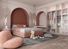 a bedroom with a bed, chair and teddy bear sitting on the rug in front of it