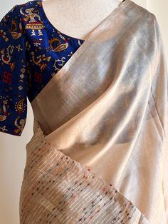 Beige Tussar Saree with Blue Silk Kalamkari Blouse Blouse Size-L Transitional Bohemian Blue Blouse, Unstitched Multicolor Cotton Silk Blouse, Navratri Bohemian Cotton Silk Blouse Piece, Traditional Blue Block Print Blouse Piece, Traditional Blue Blouse Piece With Block Print, Bollywood Style Blouse Piece With Block Print, Diwali Blouse With Block Print In Traditional Drape, Traditional Drape Blouse With Block Print For Festivals, Traditional Drape Block Print Blouse For Festivals