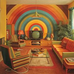 a living room with colorful walls and furniture