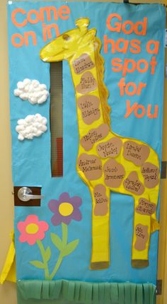 a bulletin board with a giraffe on it