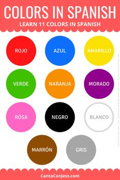 colors in spanish with the words learn 11 colors in spanish on it and below them