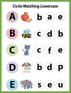 a circle matching lowercase and uppercase letters with an elephant, cat, bee, dog