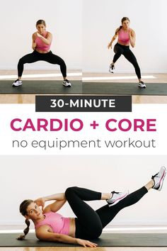 the cardio and core no equipment workout is shown in three different poses, including one woman