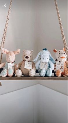 several stuffed animals are sitting on a shelf with rope hanging from it's sides