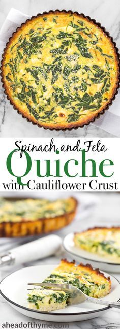 spinach and feta quiche with cauliflower crust on a white plate