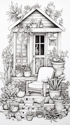 a drawing of a house surrounded by potted plants and pots with flowers on them