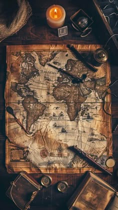 an old world map on a wooden table with other items around it and a lit candle