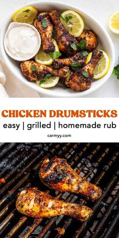 chicken drumsticks on the grill with lemon wedges