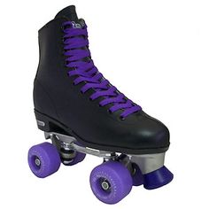 a roller skate with purple laces on the bottom and one wheel attached to it