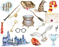 harry potter watercolor clipart set with hogwart's hat, glasses and wands