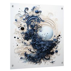 an abstract painting with blue and white swirls on a white background is featured in this image