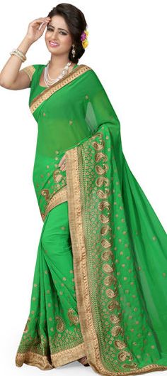 Green color Saree in Georgette fabric with Border, Embroidered, Thread, Zari work Indian Designer Sarees, Chanderi Silk Saree, Party Sarees, Red Chiffon, Satin Saree, Wedding Saree Indian, Designer Sarees Online, Casual Saree, Saree Dress