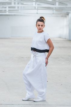 "White Harem Pants, Linen Maxi Pants, Wide Leg Pants ◈ Stylish and chic fashion is our shared dream! You can be sure that this piece is made with a lot of love and craftsmanship. ◈ S I Z I N G ◈ This item is available from XS to 4XL. Please, have a look at my Size Chart below before placing your order. ◈ D E L I V E R Y ◈ This item will be shipped in up to 5 days after your order was placed. We use Express worldwide shipping for all of our items. Shipping usually takes: ✈ 2-3 biz days to USA, Ca White Wide-leg Parachute Pants, White Baggy High Waist Harem Pants, White High Waist Baggy Harem Pants, High Waist White Harem Pants With Pockets, Fitted White Harem Pants With Pockets, White Baggy Parachute Pants For Summer, White Baggy Wide-leg Harem Pants, White Wide Leg Parachute Pants For Summer, White High-waisted Cotton Harem Pants