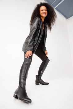 Materials Upper: LeatherLining: LeatherSole : Rubber Fairoks Black Leather Pointy Toe Knee High Women Boot Material and Craftsmanship: Meticulously handcrafted from 100% genuine cowhide leather. The boot features an elastic fabric on the back for a custom fit on every leg. Convenient side zipper for easy wear is located on the outer side. Distinctive Gold Zipper Detail: Ankle-height gold zipper at the back adds a unique and stylish touch to the boot. Enhances the overall design, creating a disti Women Boot, Unique Shoes, Black Leather Handbags, Elastic Fabric, Bold Fashion, Easy Wear, High Quality Leather, Cowhide Leather, Custom Fit