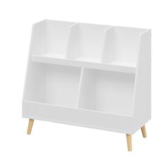 a white bookcase with three compartments on the bottom and two wooden legs, against a white background