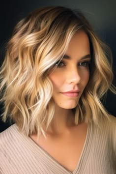 Achieve a carefree look with a golden lob styled in messy waves. Use sea salt spray or a curling iron to effortlessly create these tousled waves. Click here to check out more stunning lob haircuts (Long Bob) for right now. Medium Bob Haircut Shoulder Length Beach Waves, Lob With Blonde Highlights Face Framing, Lob With Waves, Tousled Lob Haircut, Mid Length Hair Beach Waves, Medium Beach Waves Hair, What Is A Lob Haircut, Blonde Layered Lob, Long Blonde Bob Hairstyles