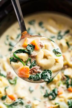 a spoon full of soup with spinach and dumplings