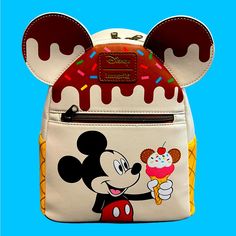 Loungefly Disney Mickey Ice Cream Mini Backpack Inside Has Brown Lining And A Drop Pocket 8" X 4" X 9" Polyurethane Zipper Closure Adjustable Straps Loop Handle White Mickey Mouse Backpack For Disney Trips, White Mickey Mouse Backpack For Travel, White Mickey Mouse Travel Backpack, White Mickey Mouse Bag For Disney Fan Events, Mickey Ice Cream, Backpack Inside, Loungefly Bag, Universal Studios Hollywood, Loungefly Disney