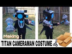 two pictures of a boy in a costume made out of cardboard boxes and paper machs