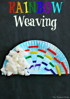 a paper plate with marshmallows on it and the words rainbow weaving above it