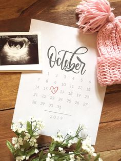 a calendar with a pink knitted hat and baby's breath written on it