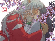 two anime characters hugging each other in front of purple flowers