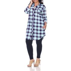 Our button-front tunic is soft and light and has an allover yarn-dyed stretchy knit plaid pattern. Long sleeves with buttoned cuffs roll and tab to 3/4 length. Size: 3X.  Color: Gray.  Gender: female.  Age Group: adult. Tunics Online, Plaid Tunic, Women Tunic Tops, White Mark, Womens Tunics, Fit And Flare Dress, Plaid Pattern, Fashion Tees, Women's Plaid Shirt