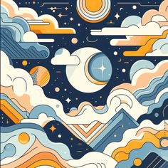 an abstract background with clouds, stars and the moon in the sky above it is a stylized design