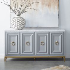 Azure Carrera Dove Gray Media Sideboard Marble Top Credenza, Sideboard With Marble Top, How To Dress A Sideboard, Entry Way Console Table, Gray Sideboard, Sideboard Decor Dining Room, Marble Top Buffet, Marble Cabinet, Marble Top Sideboard