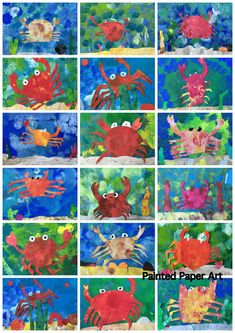 many different pictures of crabs and other animals in watercolors on the same page