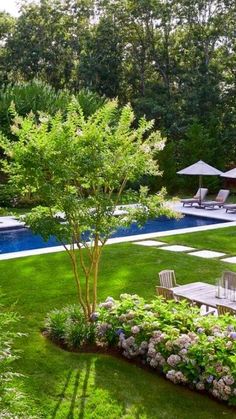 an outdoor pool surrounded by lush green grass