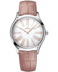 The luxurious Omega De Ville Tresor in stunning mother of pearl with diamond-adorned 18k gold bezel is sure to dazzle your Instagram followers. Its graceful curves and artistic dial composed of iridescent pearl inlays paired with 18k gold Roman numerals and hands will constantly catch the eye. A dash of Parisian style, the femininely pink alligator leather strap wraps this elegant timepiece destined to garner double taps. Powered by Omega's precise quartz Calibre 4061, setting a new standard for Omega Watch Women, Omega Ladies, Surface Of The Moon, Brown Leather Watch, Gold Hands, Women's Watches