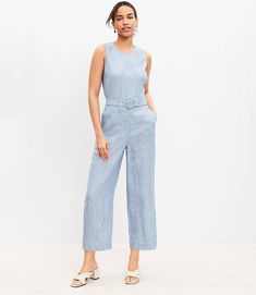 Chambray Linen Jumpsuit Elegant Spring Jumpsuits And Rompers With Belt Loops, Chic Belted Jumpsuits And Rompers For Spring, Belted Wide-leg Jumpsuit For Work, Wide-leg Belted Jumpsuit For Work, Workwear Wide Leg Belted Jumpsuits And Rompers, Belted Wide Leg Jumpsuits For Work, Wide Leg Belted Jumpsuits For Workwear, Summer Workwear Jumpsuits And Rompers With Belted Cuffs, Casual Spring Jumpsuits And Rompers With Belted Cuffs