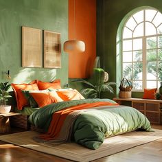 a bedroom with green walls and orange bedding in front of a large arched window