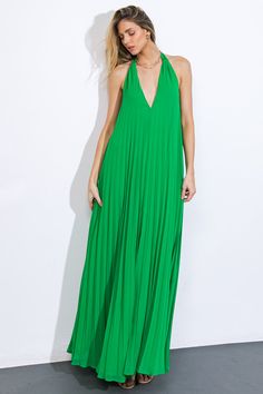 A solid woven maxi dress featuring V halter neckline, fully pleated, bare back with back neck tie Self: 100% Polyester Lining: 100% Polyester Dressy Shirts, Belt Purse, Pleated Maxi Dress, Pleated Maxi, Back Neck, Halter Neckline, Event Dresses, Scarf Styles, Resort Wear