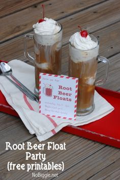 root beer float party free printables on a red tray with two mugs