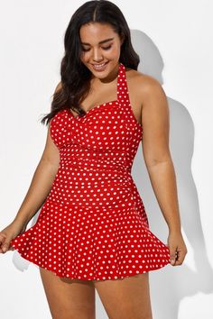 Red Halter Twist-front Polka Dot Swimdress Plus Size Bathing Suits, Polka Dot Swimsuit, Dress Swimsuit, Plus Size Swimsuits, One Piece Suit, Twist Front, Swim Dress, Tie Dye Print, Bra Cups