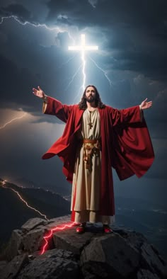 jesus standing on top of a rock with his arms outstretched in front of a lightning bolt