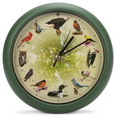 a clock with many different birds on it's face and numbers in the middle