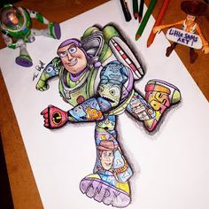 a drawing of a cartoon character on paper with crayons and colored pencils