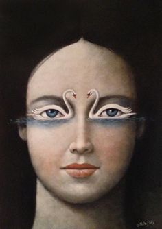 a painting of a woman's face with swans painted on her forehead and eyes